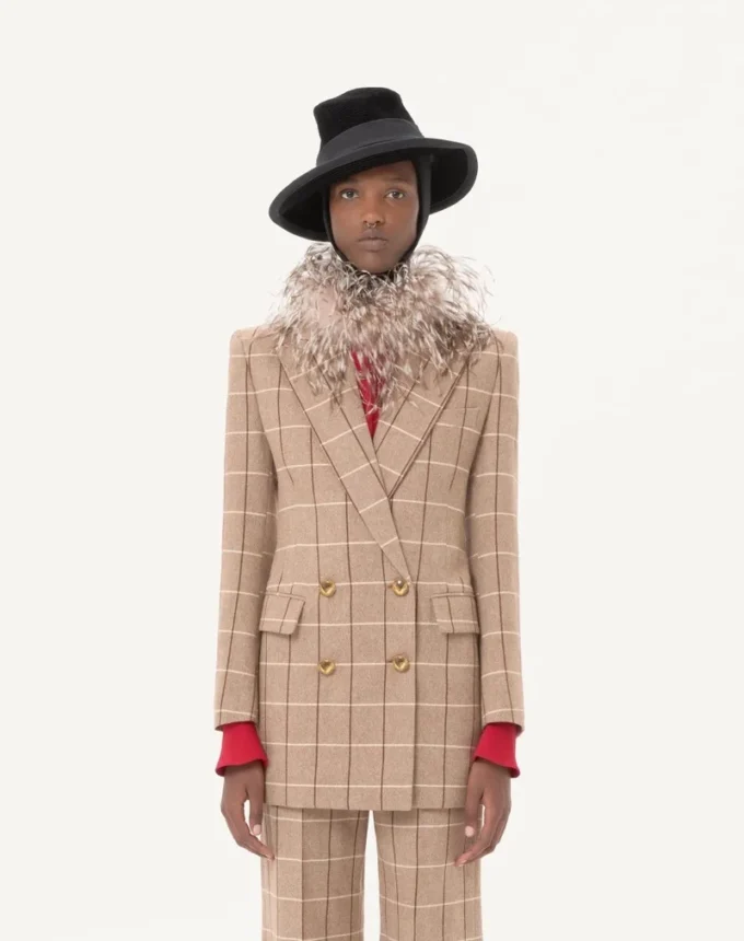 Blazer en laine à double boutonnage et motif à carreaux Blazer en laine à double boutonnage et motif à carreaux