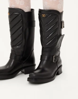 Bottes motardes Rayons en cuir de veau et cuir nappa avec motif chevron 40 mm