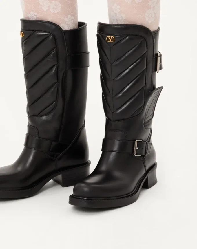 Bottes motardes Rayons en cuir de veau et cuir nappa avec motif chevron 40 mm Bottes motardes Rayons en cuir de veau et cuir nappa avec motif chevron 40 mm
