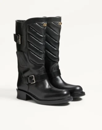 Bottes motardes Rayons en cuir de veau et cuir nappa avec motif chevron 40 mm