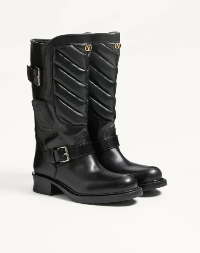 Bottes motardes Rayons en cuir de veau et cuir nappa avec motif chevron 40 mm Bottes motardes Rayons en cuir de veau et cuir nappa avec motif chevron 40 mm
