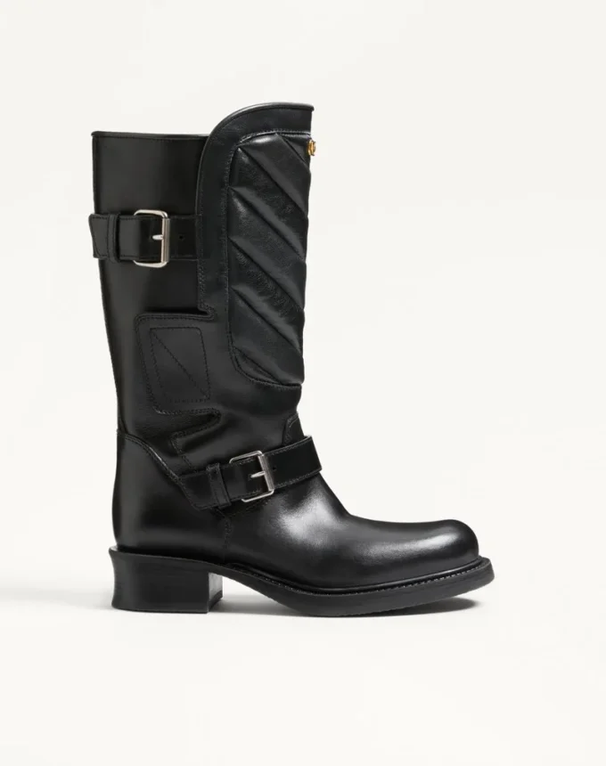 Bottes motardes Rayons en cuir de veau et cuir nappa avec motif chevron 40 mm Bottes motardes Rayons en cuir de veau et cuir nappa avec motif chevron 40 mm