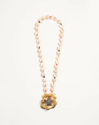 Collier Jardin Aquatique en métal, tissu, coquillages, corail et onyx