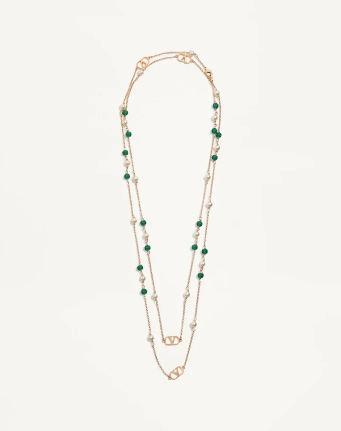 Long collier Vlogo Signature en métal, perles et verre moleté