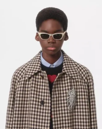 Manteau simple boutonnage en coton et laine à motif Vichy