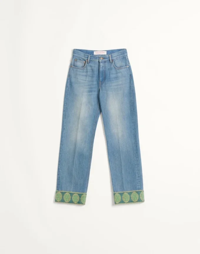 Pantalon en denim avec bordures jacquard Pantalon en denim avec bordures jacquard