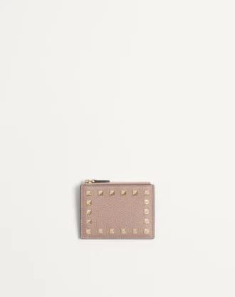 Porte-cartes Rockstud en cuir de veau grainé avec fermeture à glissière