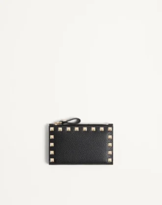 Porte-cartes Rockstud en cuir de veau grainé avec fermeture à glissière