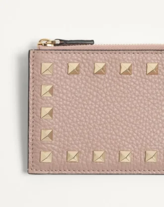 Porte-cartes Rockstud en cuir de veau grainé avec fermeture à glissière