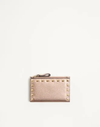 Porte-cartes Rockstud en cuir de veau grainé laminé avec fermeture à glissière