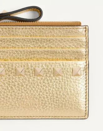 Porte-cartes Rockstud en cuir de veau grainé laminé avec fermeture à glissière
