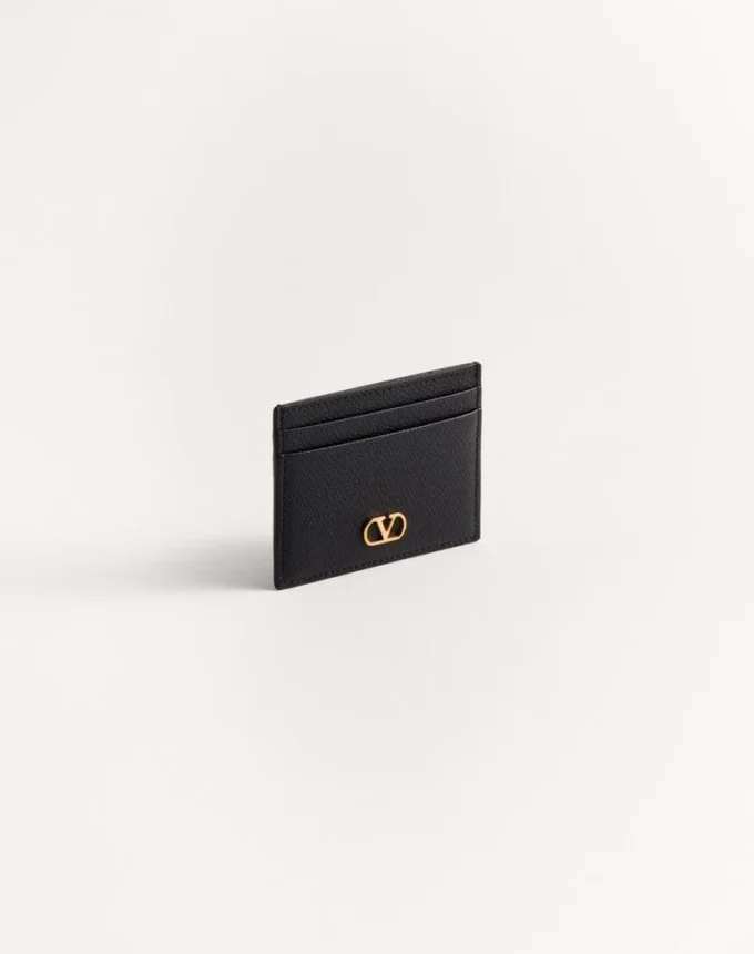 Porte-cartes VLogo Signature en cuir de veau grainé
