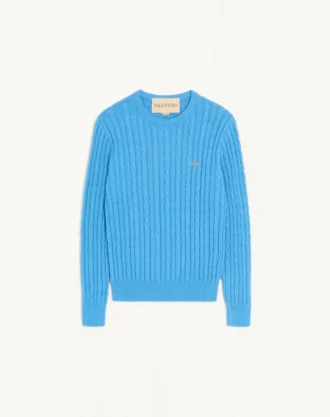 Pull à col rond en coton tricoté torsadé Valentino avec logo V sur la poitrine