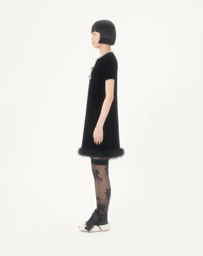 Robe courte en velours sablé brodé