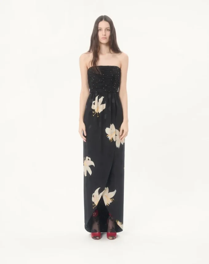 Robe longue en crêpe de Chine jacquard Apres L’Hiver Lilium Robe longue en crêpe de Chine jacquard Apres L’Hiver Lilium