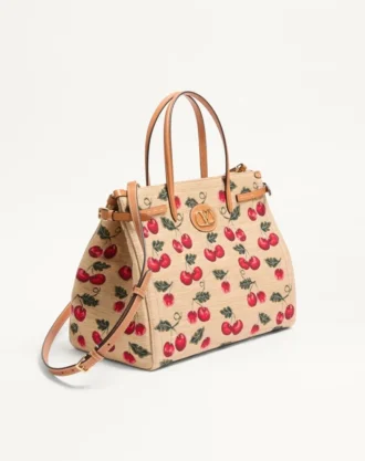 Sac cabas moyen Valentino Garavani Antibes en raphia jacquard avec motif Cherryfic