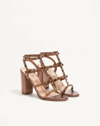 Sandales à bride cheville Rockstud en cuir de veau métallisé 90 mm