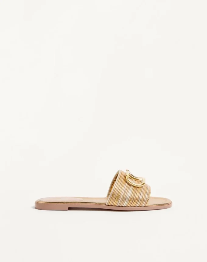 Sandales à bride en cuir métallisé avec broderie Cornely et logo VLogo Signature