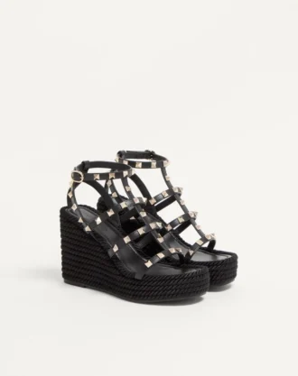 Sandales compensées à bride cheville Rockstud en cuir de veau 95 mm