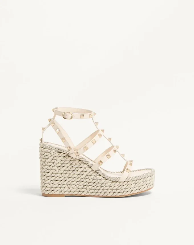 Sandales compensées à lanières en cuir de veau Rockstud 95 mm