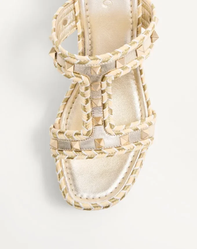 Sandales compensées Rockstud en cuir nappa laminé 90 mm