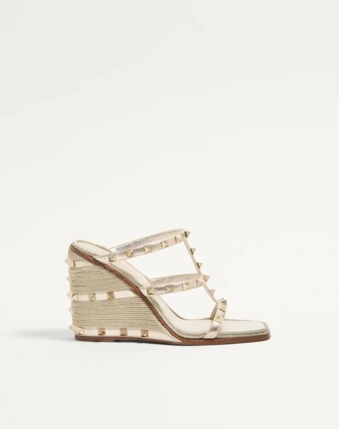 Sandales compensées Rockstud en cuir nappa laminé avec broderie Cornely 100 mm