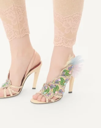 Sandales Dans Le Foyer en tissu moiré avec broderies florales et plumes 105 mm