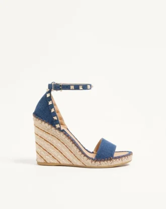 Sandales à double talon compensé Rockstud en denim 105 mm