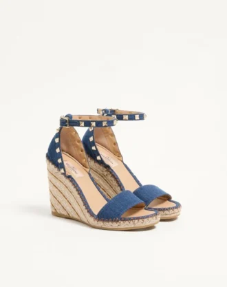 Sandales à double talon compensé Rockstud en denim 105 mm