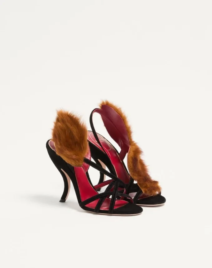 Sandales Fetishique en velours avec feuille en fourrure 105 mm Sandales Fetishique en velours avec feuille en fourrure 105 mm