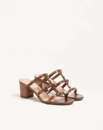 Sandales à lanières en cuir de veau métallisé Rockstud 60 mm