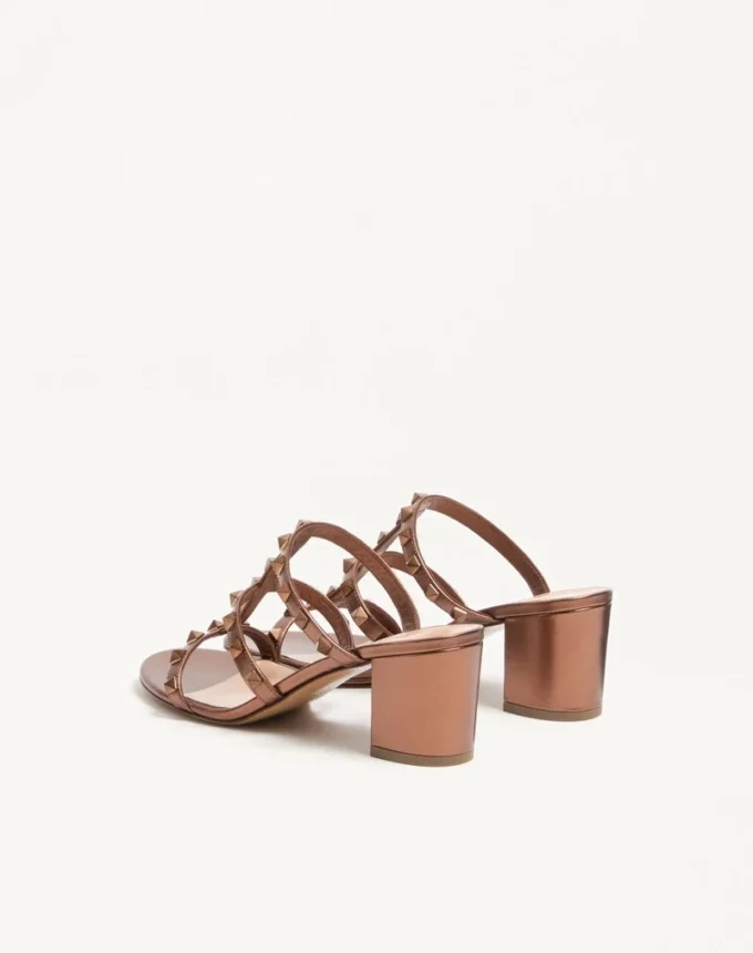 Sandales à lanières en cuir de veau métallisé Rockstud 60 mm
