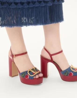 Sandales à plateforme en denim avec broderie Cherryfic et signature VLogo 115 mm