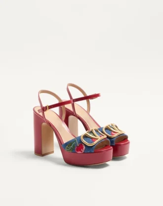 Sandales à plateforme en denim avec broderie Cherryfic et signature VLogo 115 mm