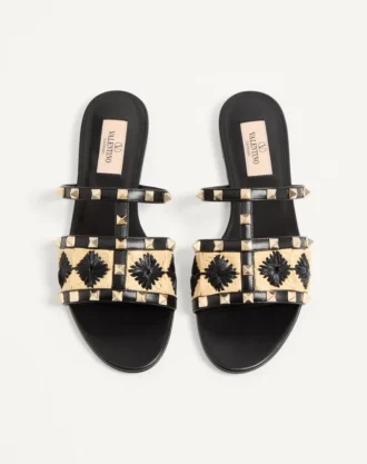 Sandales Rockstud avec broderie en raphia à carreaux