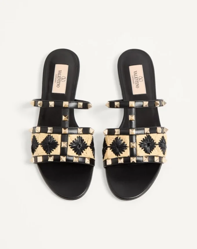 Sandales Rockstud avec broderie en raphia à carreaux