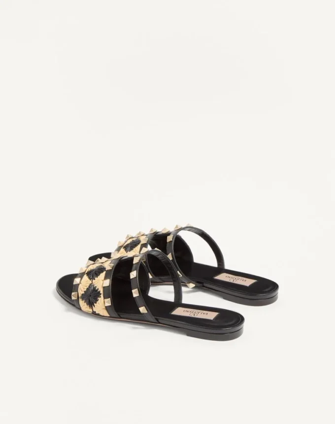 Sandales Rockstud avec broderie en raphia à carreaux