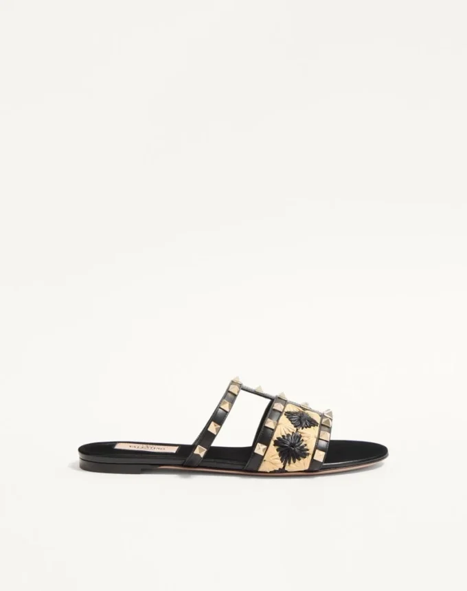 Sandales Rockstud avec broderie en raphia à carreaux