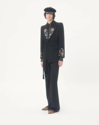 Veste brodée à ceinture en laine grain de poudre Valentino