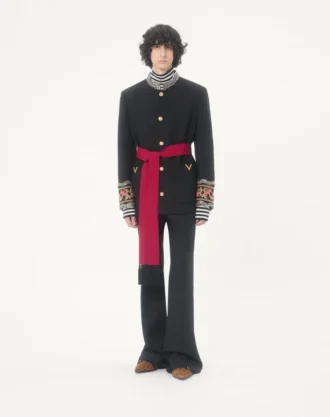 Veste brodée Valentino avec ceinture en gabardine de laine avec VGold