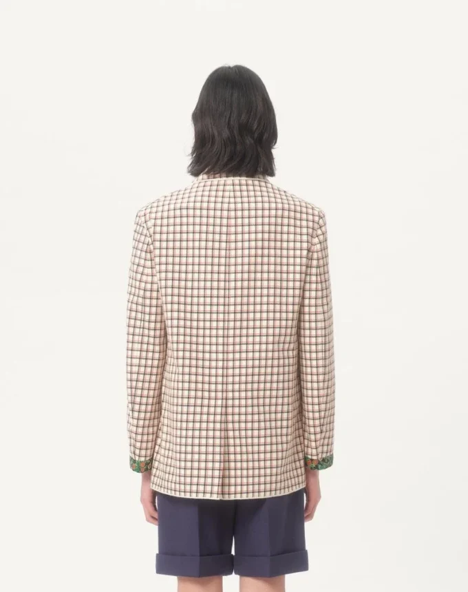 Veste en coton à simple boutonnage avec motif à carreaux et bords imprimés Veste en coton à simple boutonnage avec motif à carreaux et bords imprimés