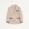 Veste en coton à simple boutonnage avec motif à carreaux et bords imprimés Veste en coton à simple boutonnage avec motif à carreaux et bords imprimés