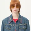 Veste en denim avec broderies de perles et bords imprimés Veste en denim avec broderies de perles et bords imprimés