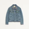 Veste en denim avec broderies de perles et bords imprimés Veste en denim avec broderies de perles et bords imprimés