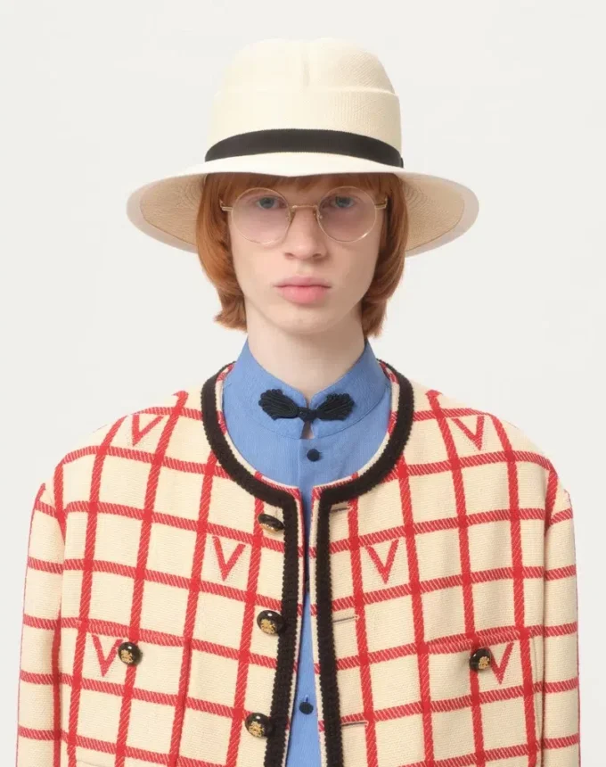 Veste en laine mélangée à motif à carreaux en V Veste en laine mélangée à motif à carreaux en V