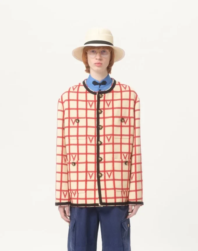 Veste en laine mélangée à motif à carreaux en V Veste en laine mélangée à motif à carreaux en V