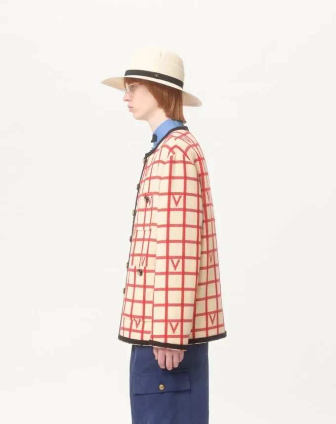 Veste en laine mélangée à motif à carreaux en V Veste en laine mélangée à motif à carreaux en V