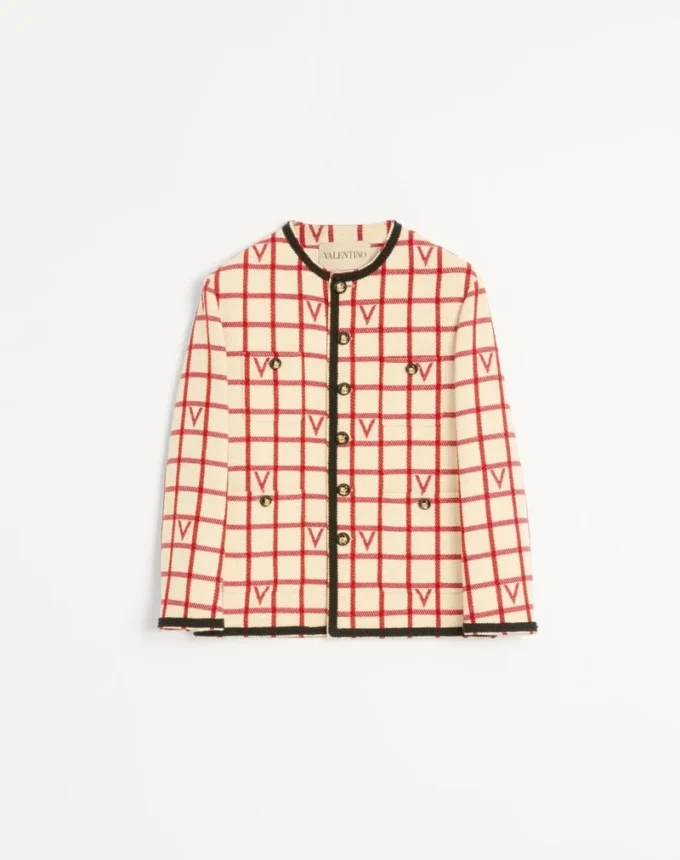 Veste en laine mélangée à motif à carreaux en V Veste en laine mélangée à motif à carreaux en V