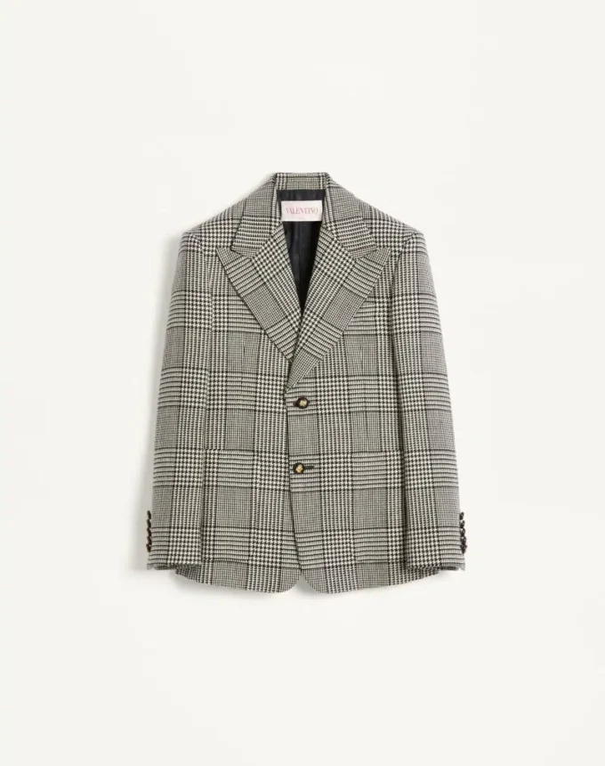 Veste en laine à simple boutonnage avec motif à carreaux sur pied-de-poule Veste en laine à simple boutonnage avec motif à carreaux sur pied-de-poule