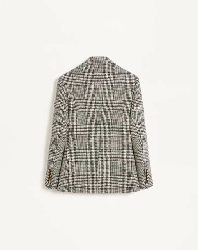 Veste en laine à simple boutonnage avec motif à carreaux sur pied-de-poule Veste en laine à simple boutonnage avec motif à carreaux sur pied-de-poule